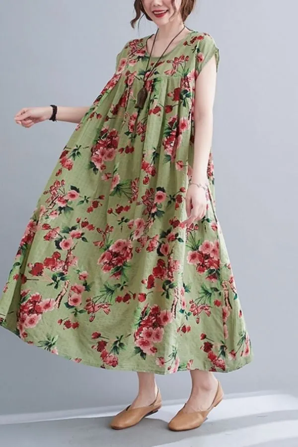 Round Neck Floral Printed Maxi Dress