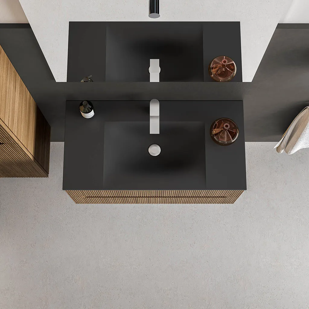 Runway 2 Drawers Bathroom Vanity with Solid Surface Matte Black without Faucet Hole - Wall Mount - 36" Mdf/Matt Warm Grey