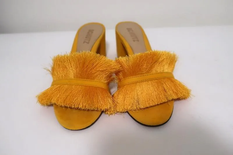 Schutz Elza Fringe Sandals Marigold Suede Size 6 Mid-Heel Slides NEW