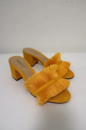 Schutz Elza Fringe Sandals Marigold Suede Size 6 Mid-Heel Slides NEW