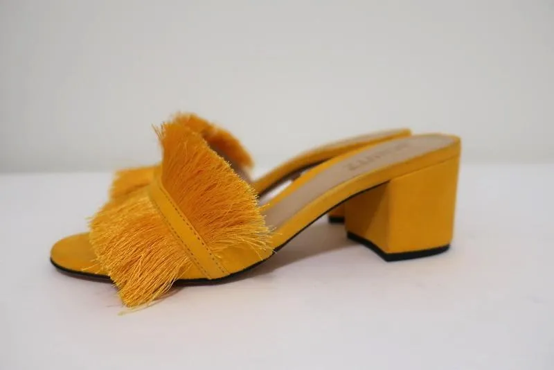 Schutz Elza Fringe Sandals Marigold Suede Size 6 Mid-Heel Slides NEW