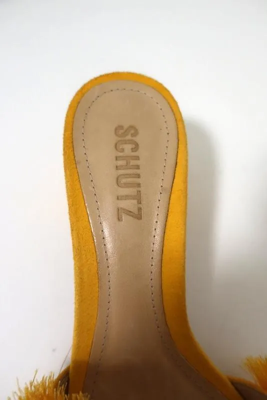 Schutz Elza Fringe Sandals Marigold Suede Size 6 Mid-Heel Slides NEW