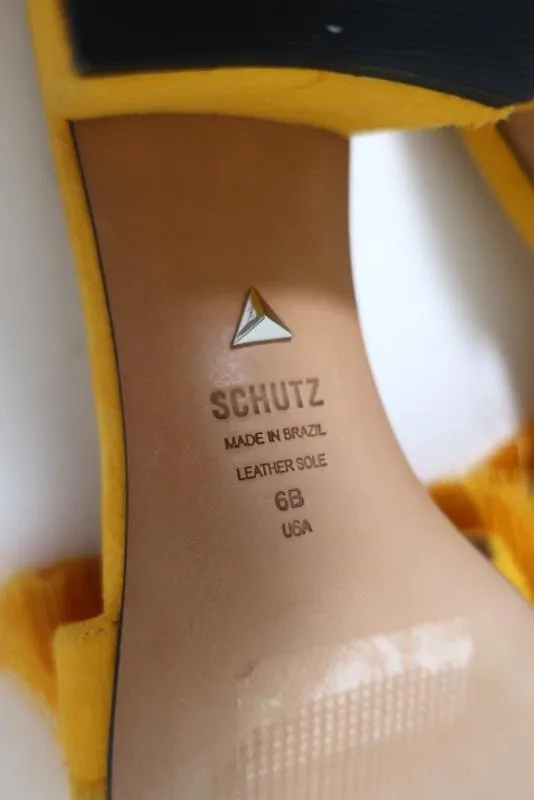 Schutz Elza Fringe Sandals Marigold Suede Size 6 Mid-Heel Slides NEW