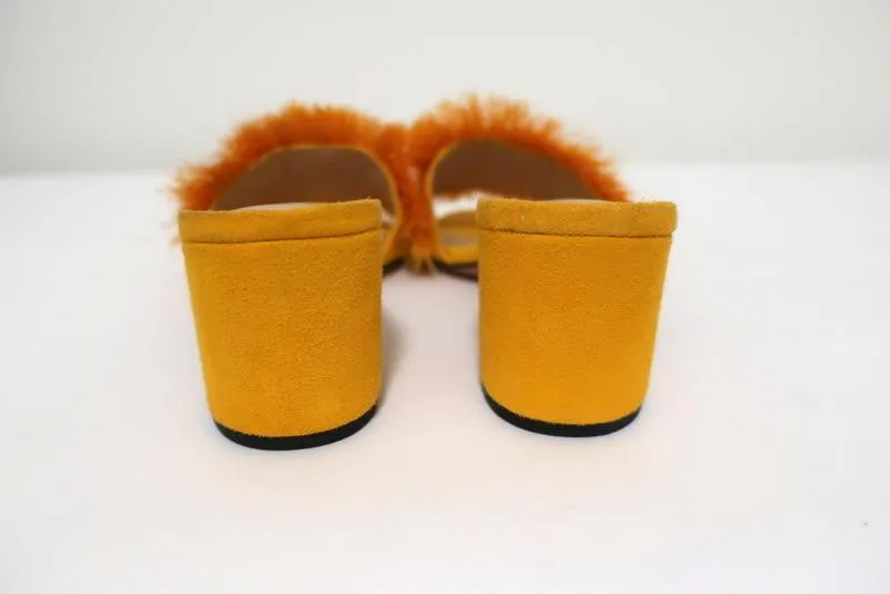 Schutz Elza Fringe Sandals Marigold Suede Size 6 Mid-Heel Slides NEW