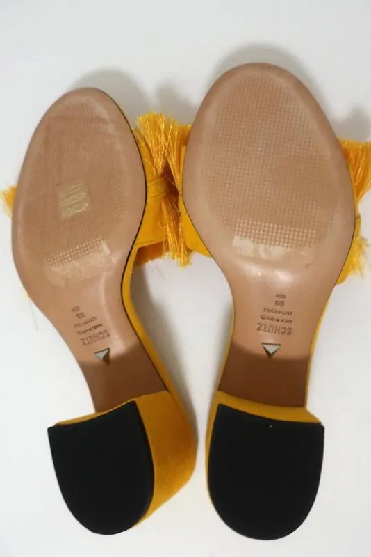 Schutz Elza Fringe Sandals Marigold Suede Size 6 Mid-Heel Slides NEW