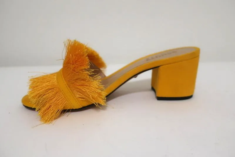 Schutz Elza Fringe Sandals Marigold Suede Size 6 Mid-Heel Slides NEW