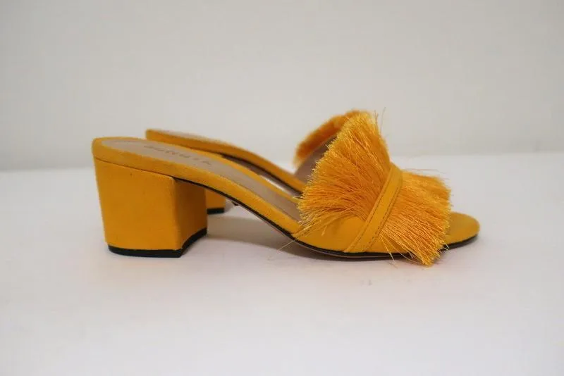 Schutz Elza Fringe Sandals Marigold Suede Size 6 Mid-Heel Slides NEW