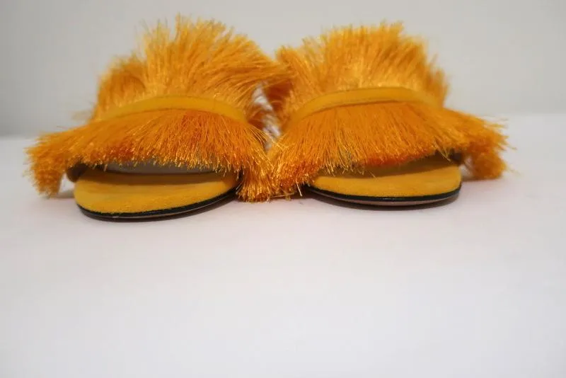 Schutz Elza Fringe Sandals Marigold Suede Size 6 Mid-Heel Slides NEW