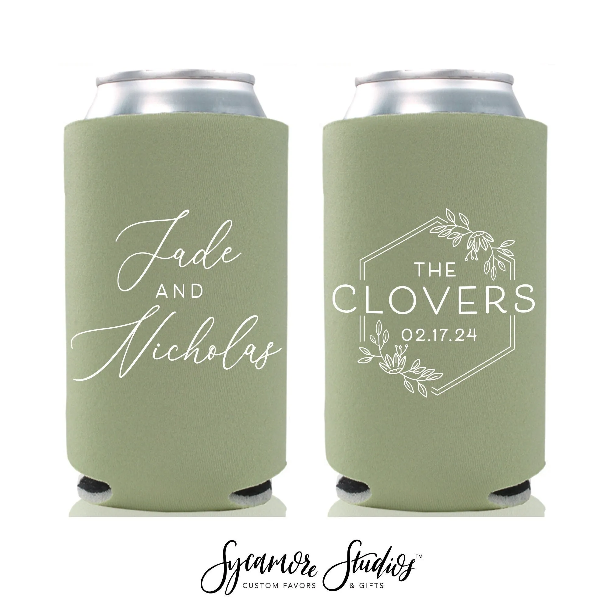 Slim 12oz Wedding Can Cooler #207S - Floral Wreath Monogram