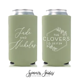 Slim 12oz Wedding Can Cooler #207S - Floral Wreath Monogram