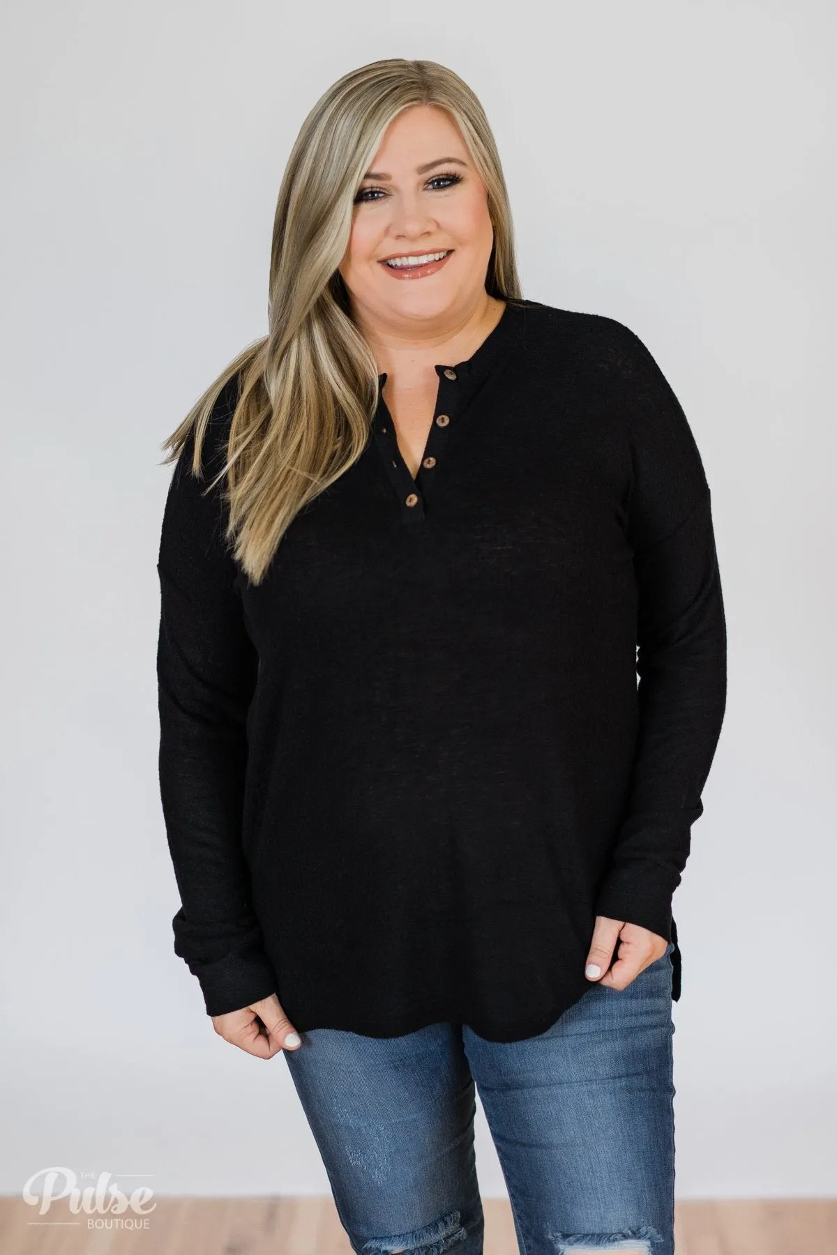 Soft & Cozy 4-Button Henley Top- Black