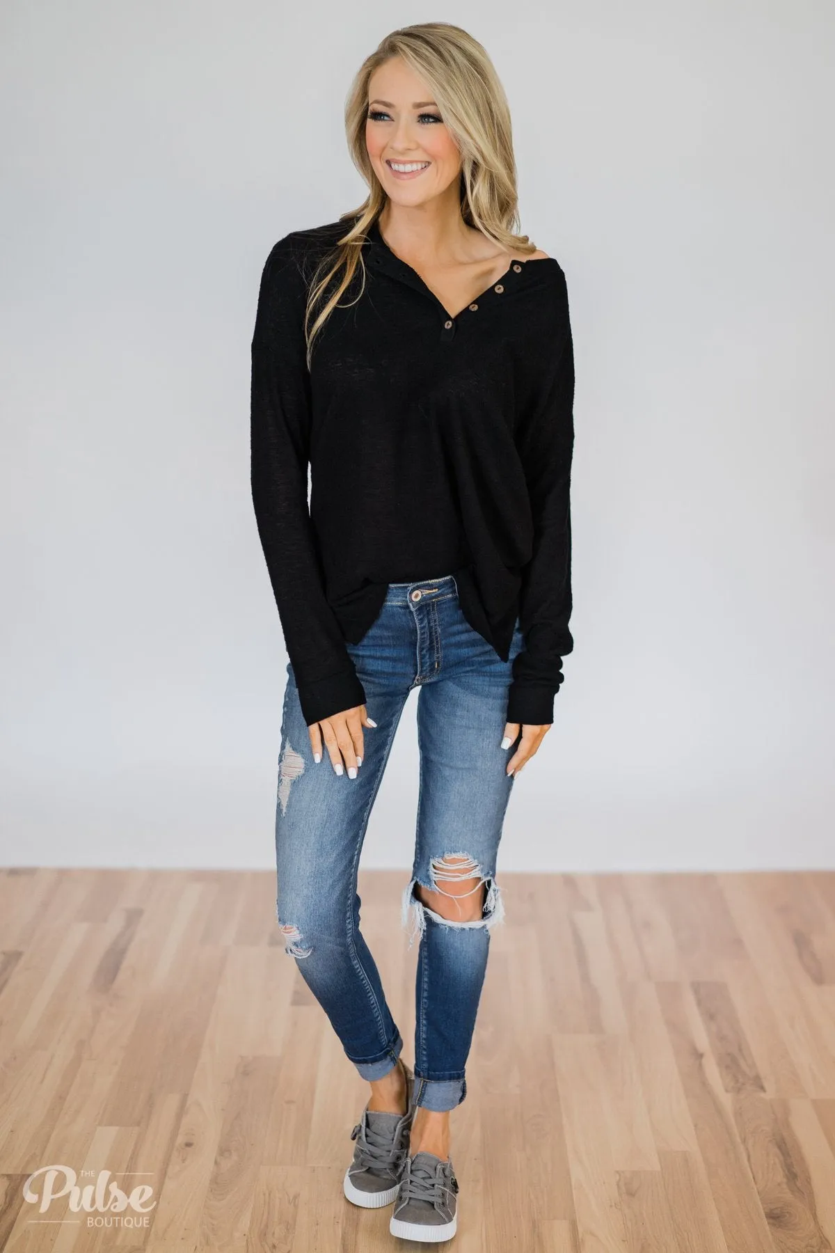 Soft & Cozy 4-Button Henley Top- Black