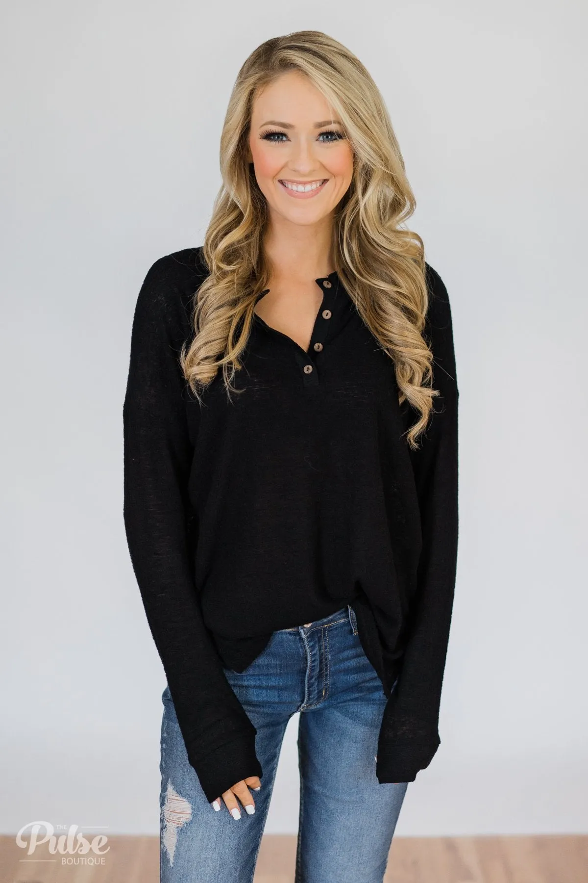 Soft & Cozy 4-Button Henley Top- Black