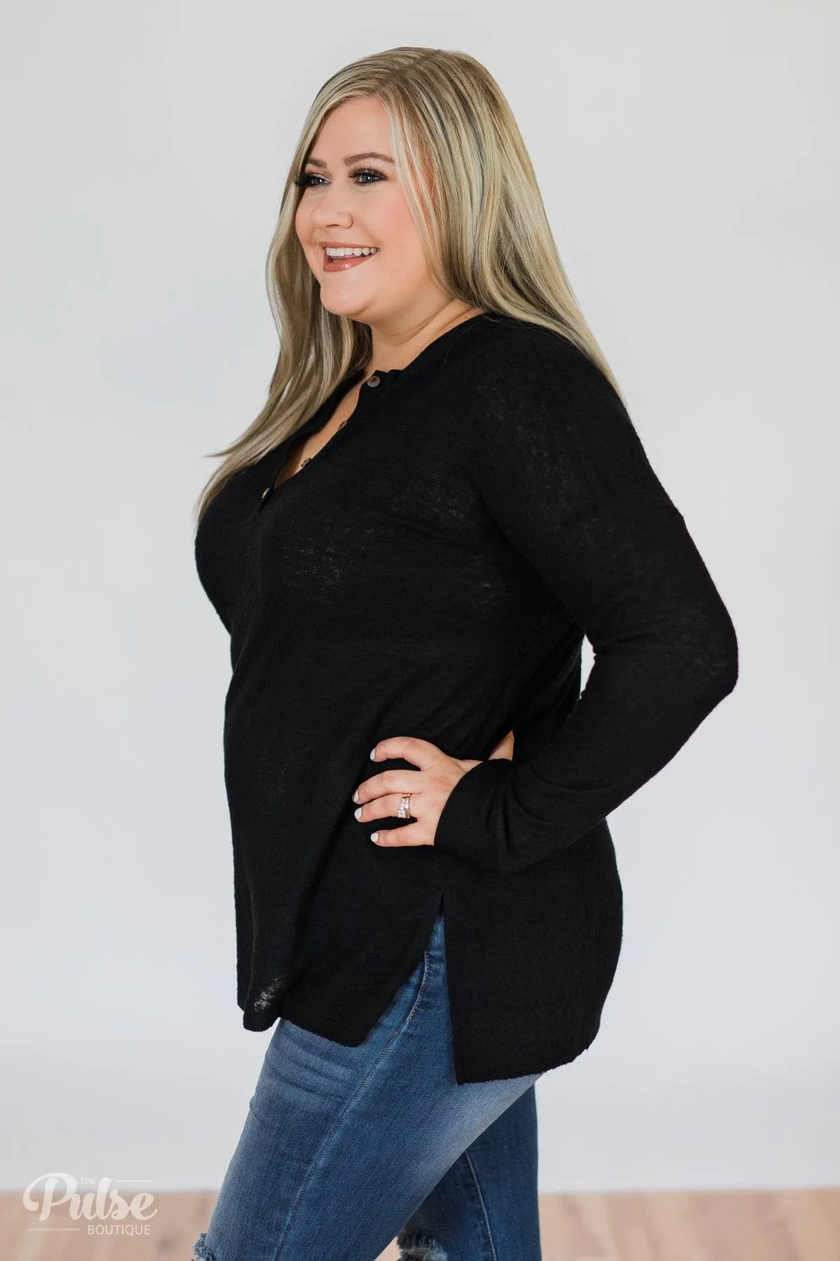 Soft & Cozy 4-Button Henley Top- Black