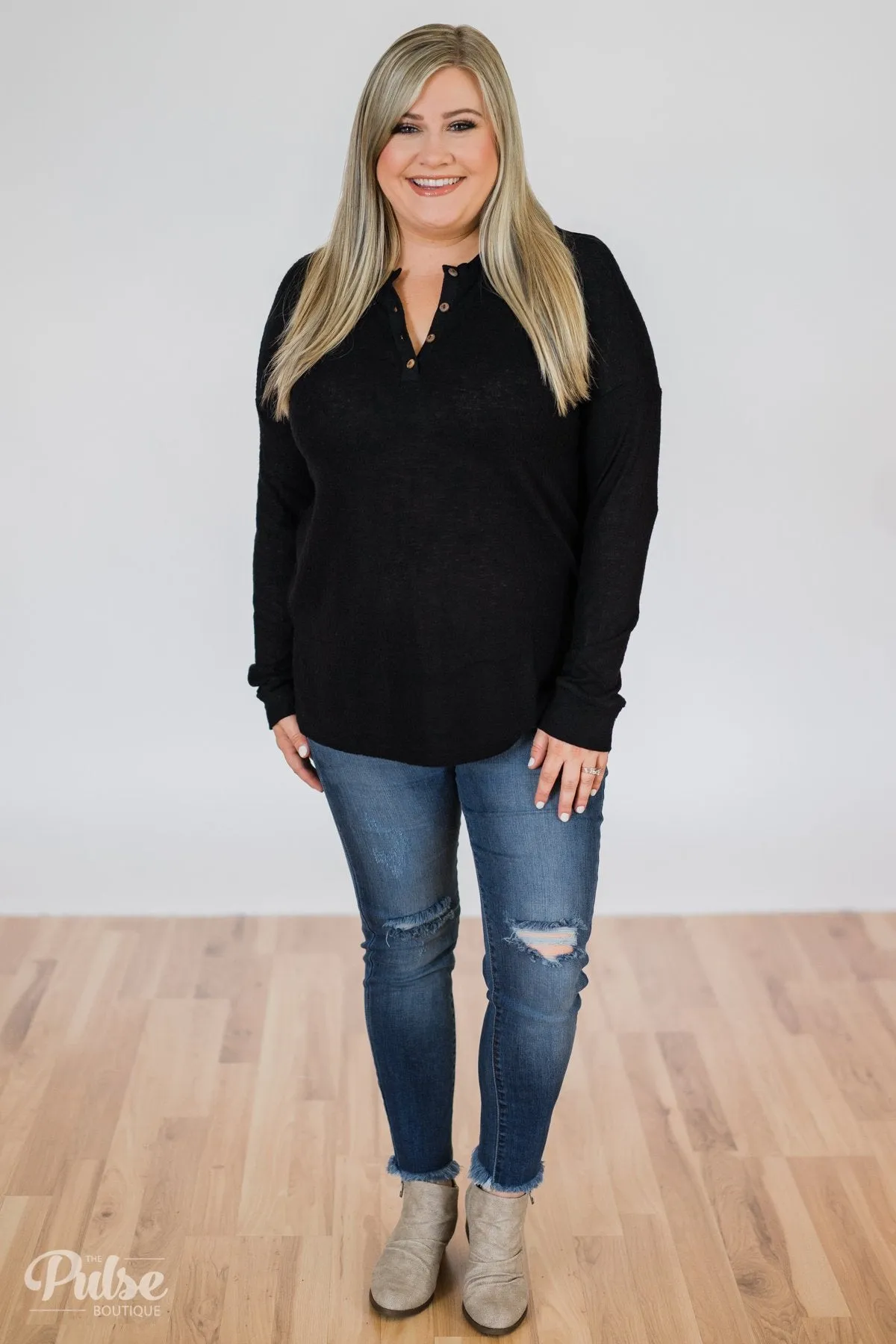 Soft & Cozy 4-Button Henley Top- Black