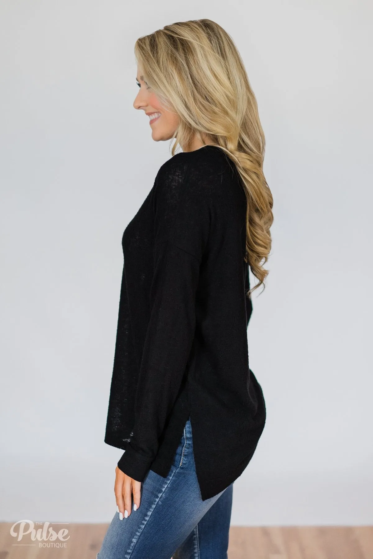 Soft & Cozy 4-Button Henley Top- Black
