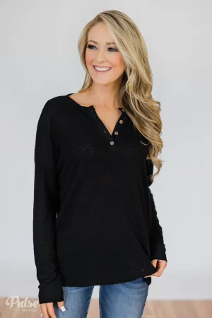 Soft & Cozy 4-Button Henley Top- Black