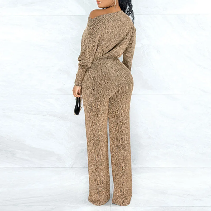 Solid Oblique Shoulder Long Sleeve Belted Jumpsuit