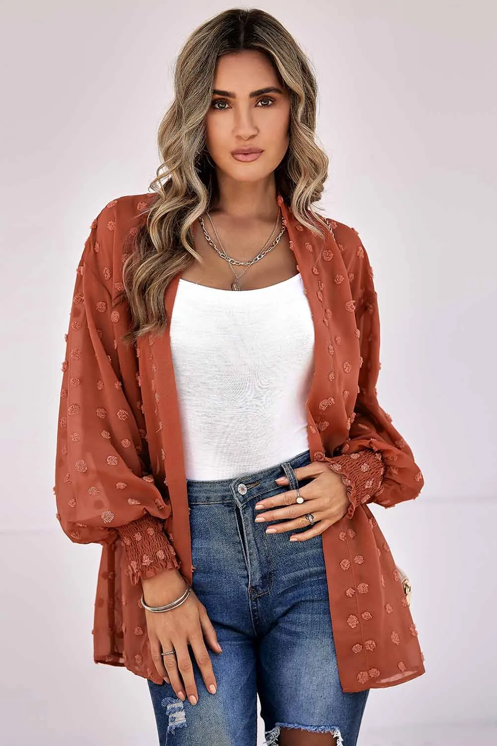 Swiss Dot Shirred Cuff Open Front Cardigan