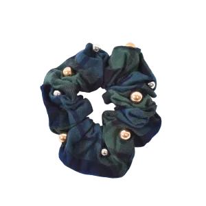 Tartan & Cheer Metallic Pearl Studded Scrunchie - Evergreen