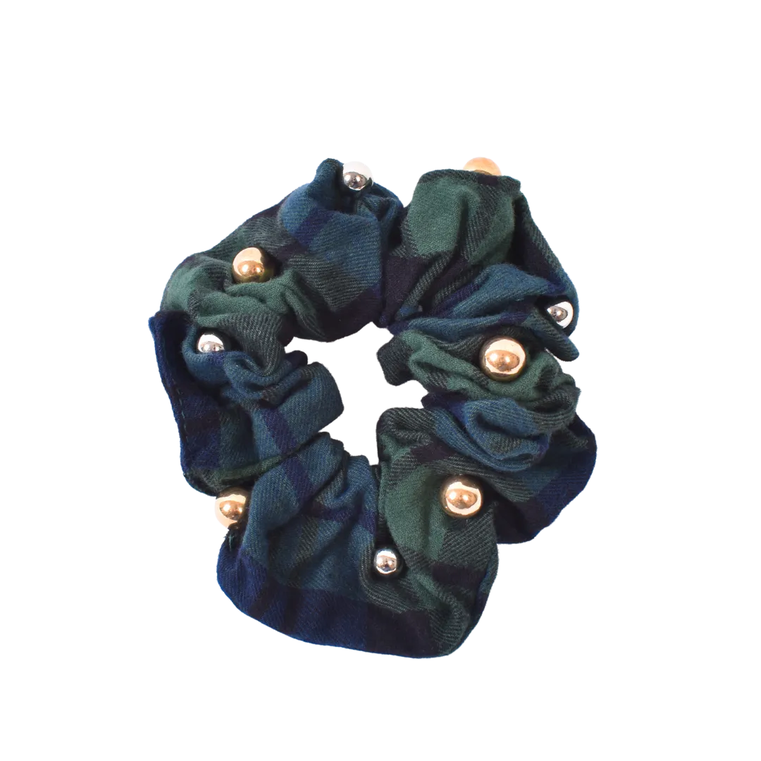 Tartan & Cheer Metallic Pearl Studded Scrunchie - Evergreen