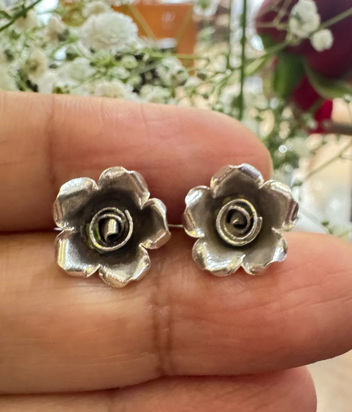 The Damask Rose Silver Flower Earstuds