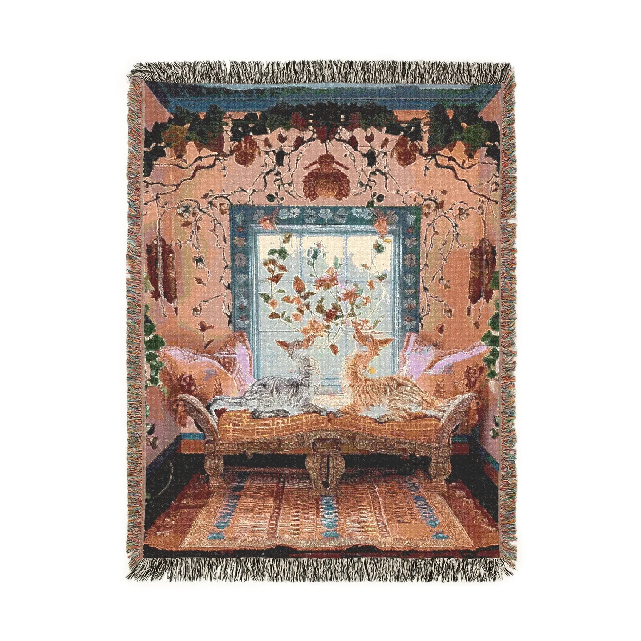 Vibrant Floral and Feline Woven Blanket