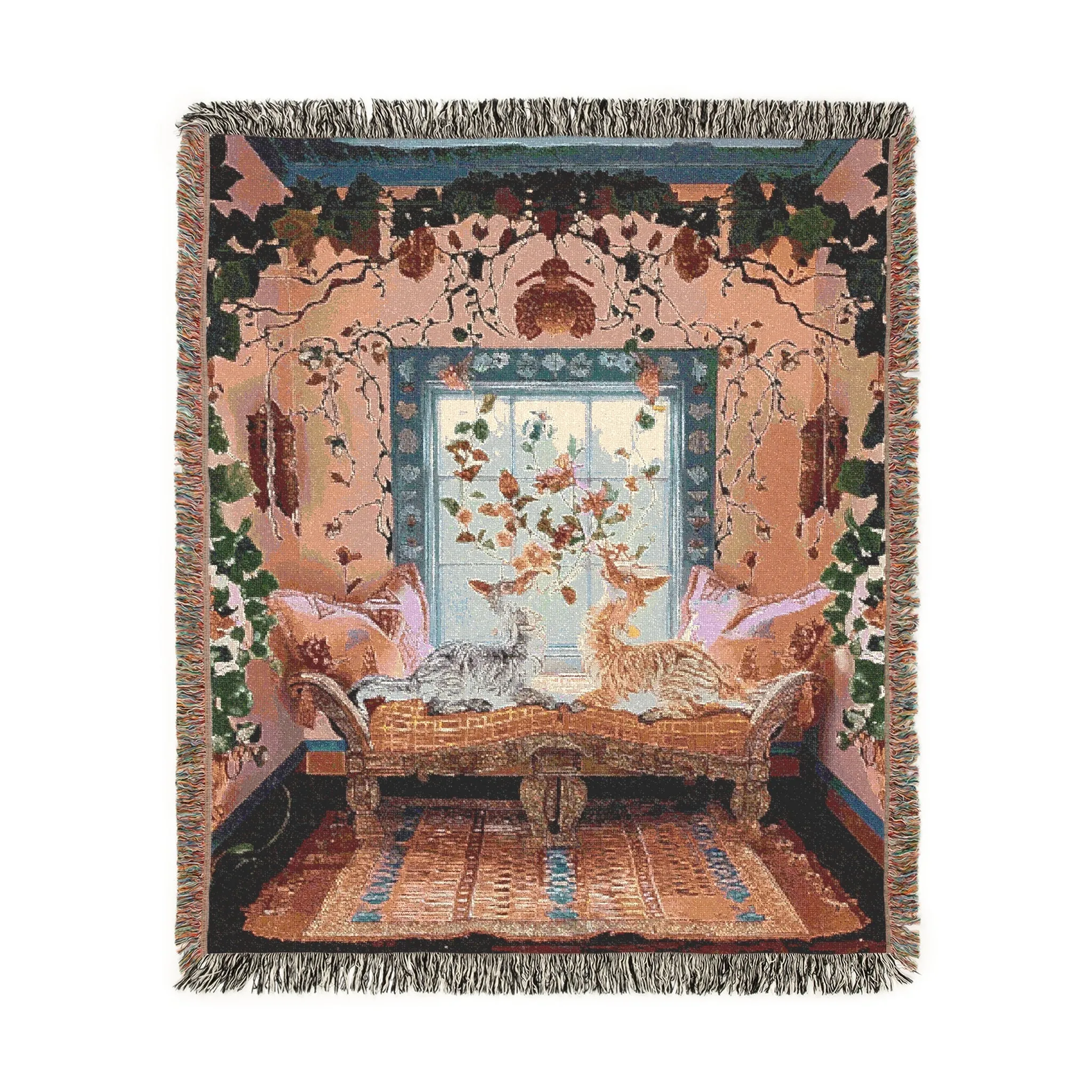 Vibrant Floral and Feline Woven Blanket