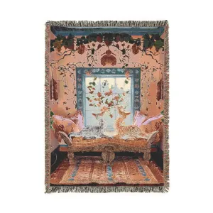 Vibrant Floral and Feline Woven Blanket
