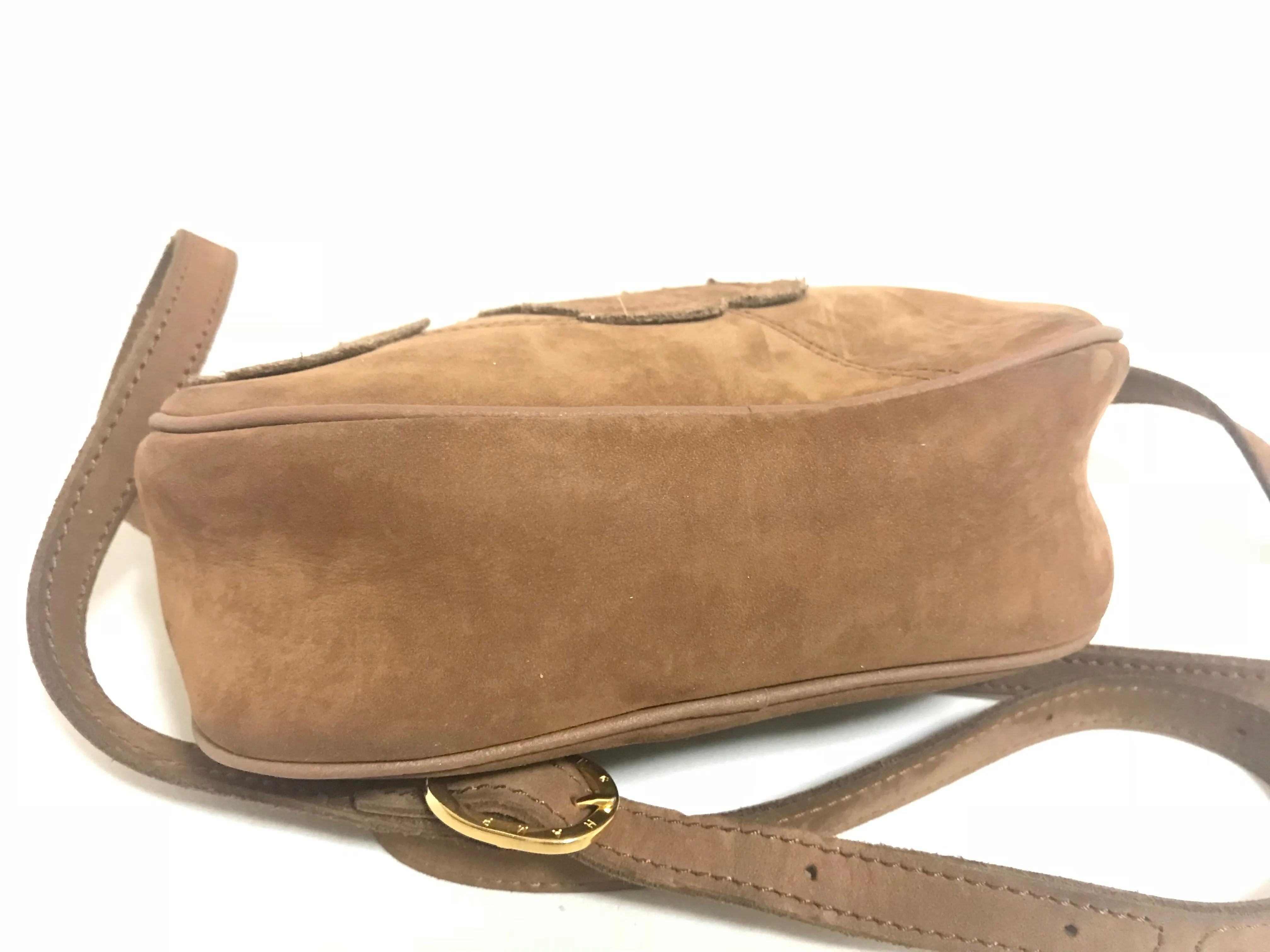 Vintage Longchamp brown suede leather oval round shape shoulder bag with leaf applique motifs. Rare and unique bag back in the okd era.