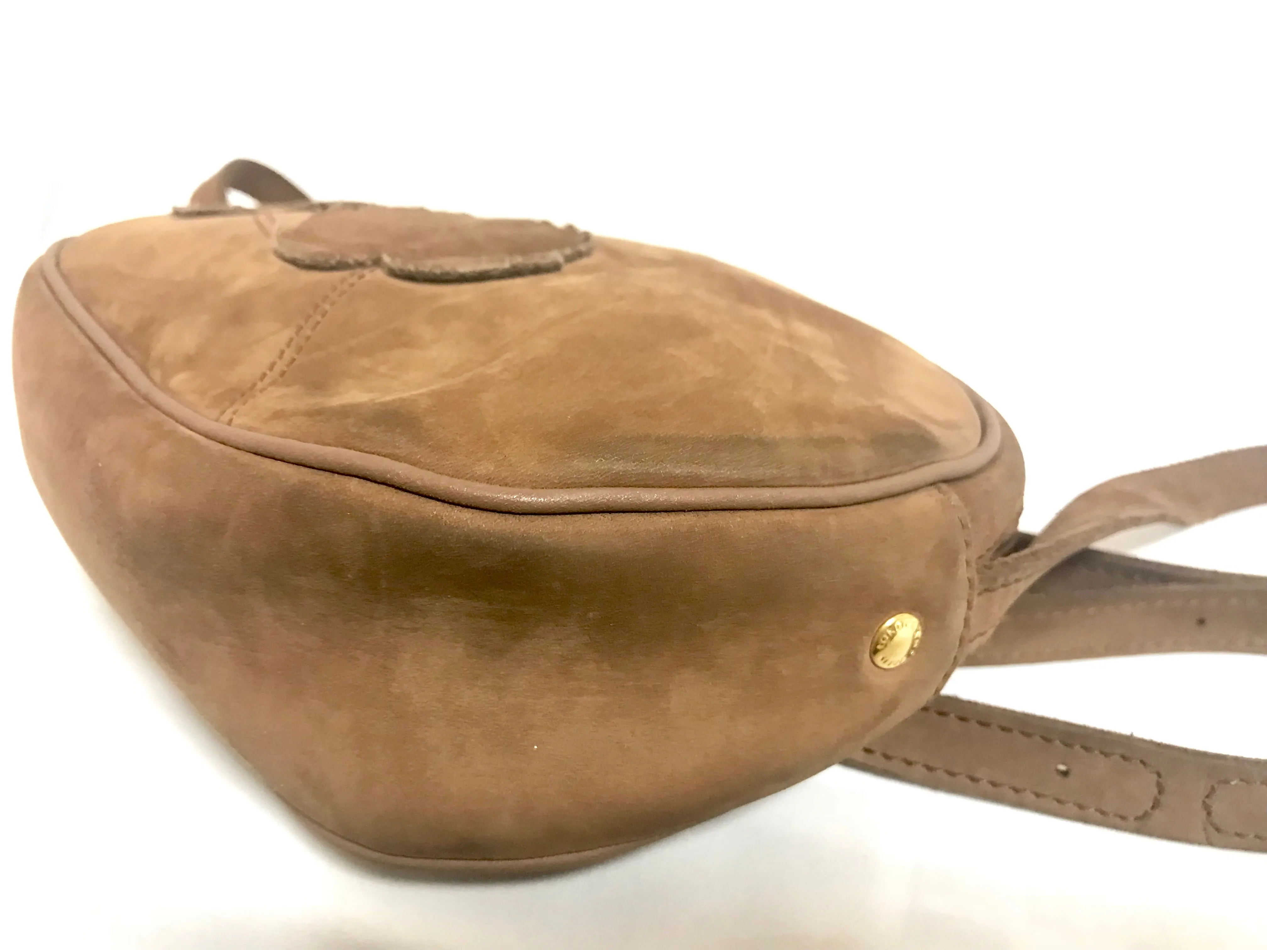 Vintage Longchamp brown suede leather oval round shape shoulder bag with leaf applique motifs. Rare and unique bag back in the okd era.