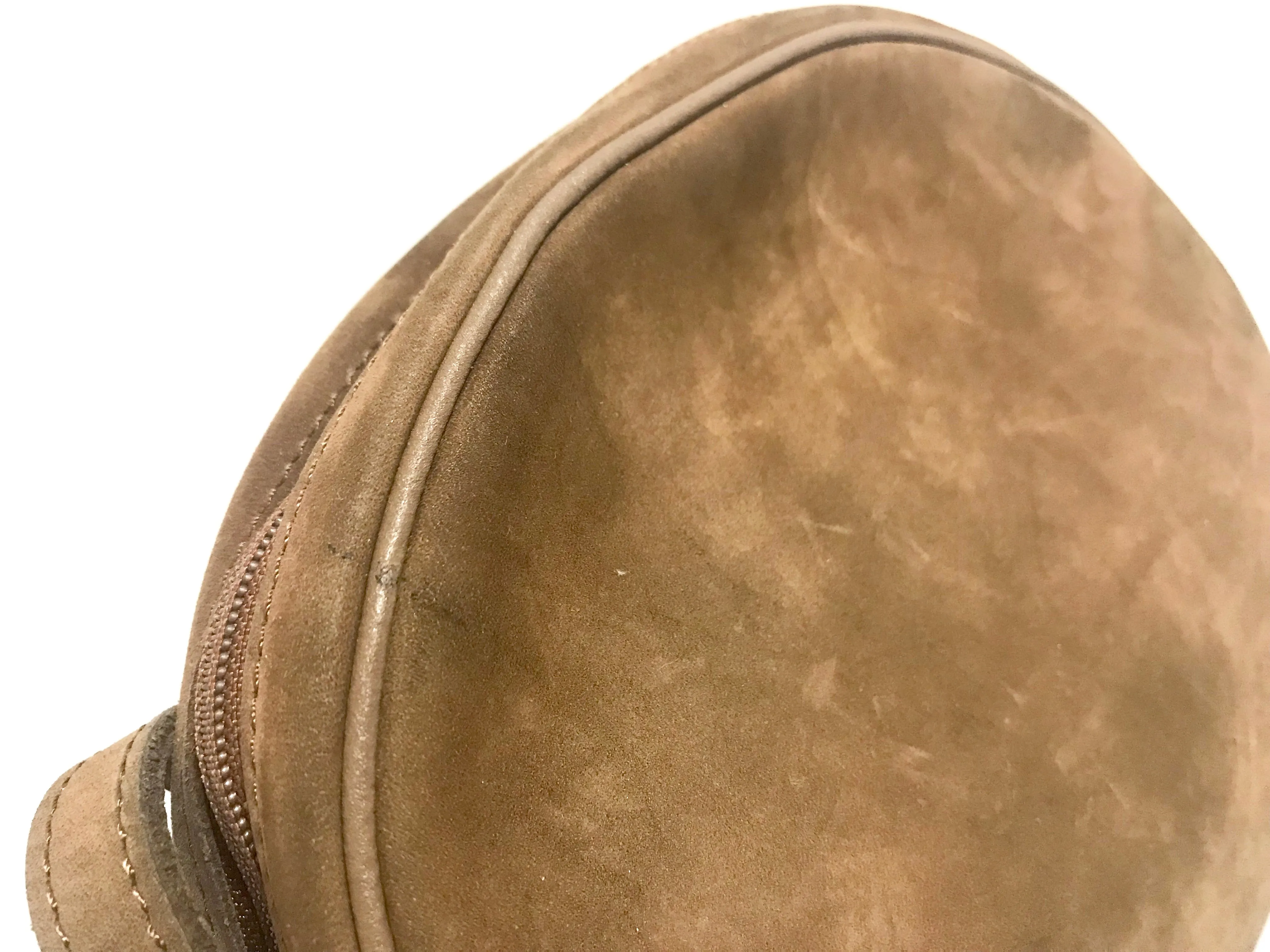 Vintage Longchamp brown suede leather oval round shape shoulder bag with leaf applique motifs. Rare and unique bag back in the okd era.
