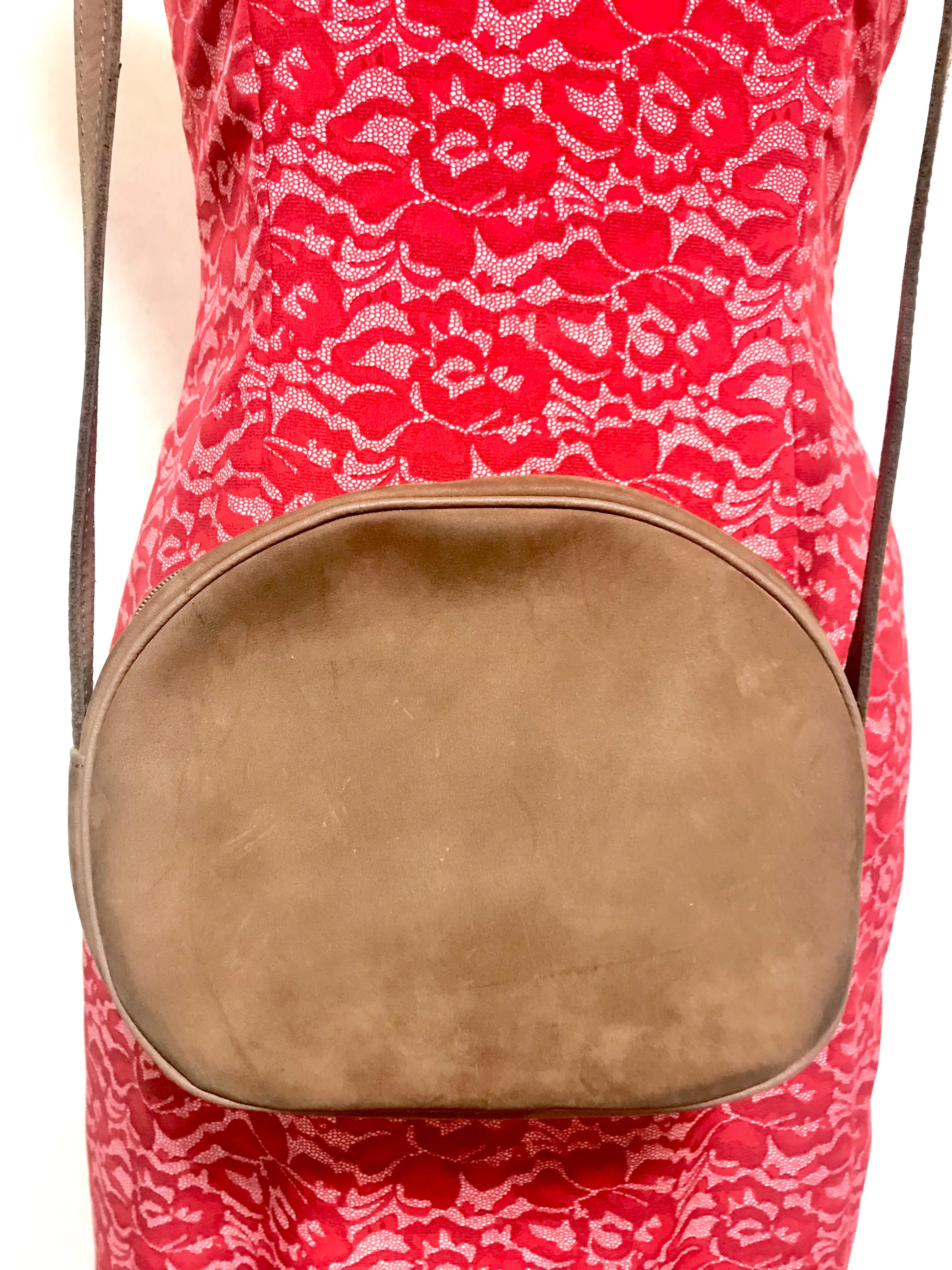Vintage Longchamp brown suede leather oval round shape shoulder bag with leaf applique motifs. Rare and unique bag back in the okd era.