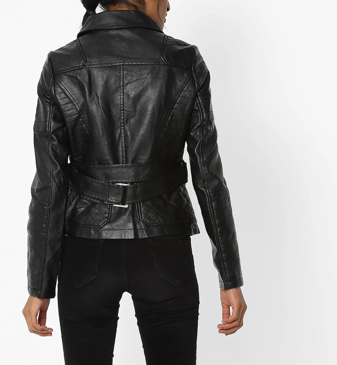 Women's Black Leather Jacket with Zipper Details WJ062