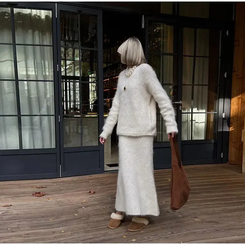 Women’s Elegant Solid Mohair Skirt Suit - Autumn/Winter Knit O Neck Pullover Sweater 2-Piece Set