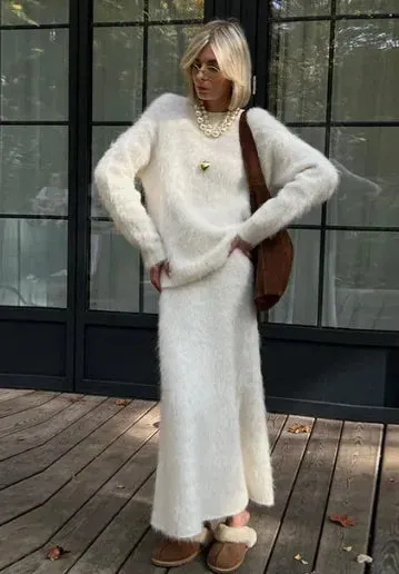 Women’s Elegant Solid Mohair Skirt Suit - Autumn/Winter Knit O Neck Pullover Sweater 2-Piece Set