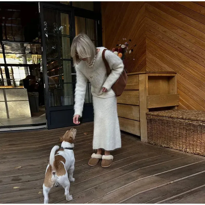 Women’s Elegant Solid Mohair Skirt Suit - Autumn/Winter Knit O Neck Pullover Sweater 2-Piece Set