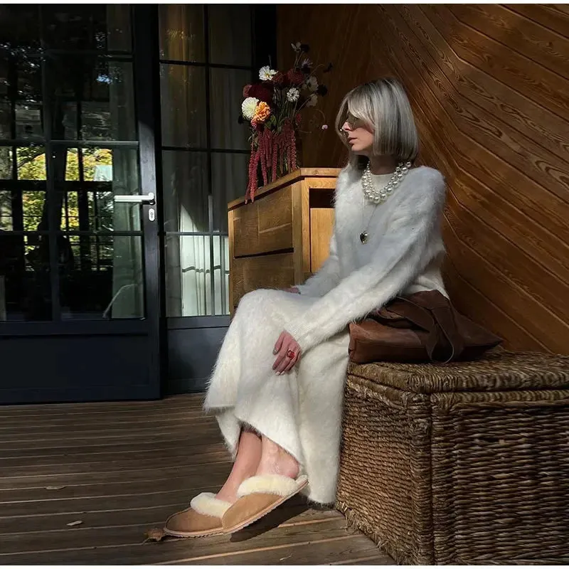 Women’s Elegant Solid Mohair Skirt Suit - Autumn/Winter Knit O Neck Pullover Sweater 2-Piece Set