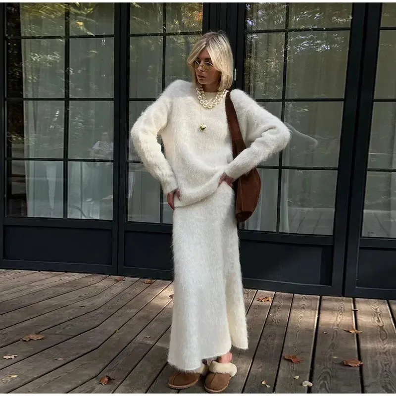 Women’s Elegant Solid Mohair Skirt Suit - Autumn/Winter Knit O Neck Pullover Sweater 2-Piece Set