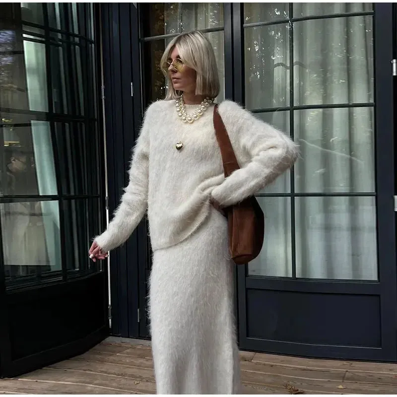 Women’s Elegant Solid Mohair Skirt Suit - Autumn/Winter Knit O Neck Pullover Sweater 2-Piece Set
