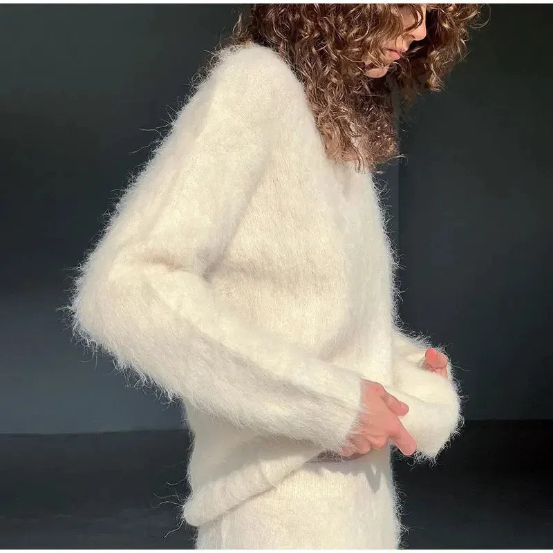Women’s Elegant Solid Mohair Skirt Suit - Autumn/Winter Knit O Neck Pullover Sweater 2-Piece Set