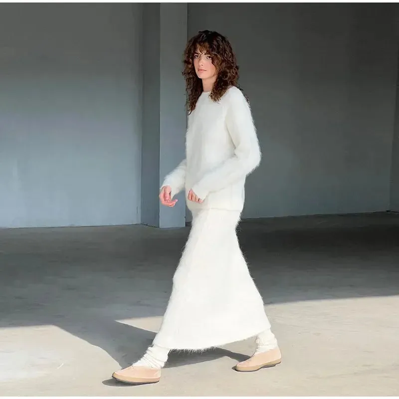Women’s Elegant Solid Mohair Skirt Suit - Autumn/Winter Knit O Neck Pullover Sweater 2-Piece Set