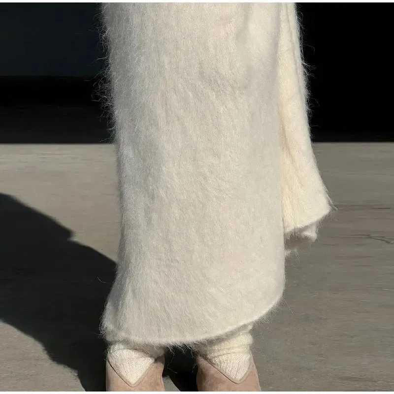 Women’s Elegant Solid Mohair Skirt Suit - Autumn/Winter Knit O Neck Pullover Sweater 2-Piece Set