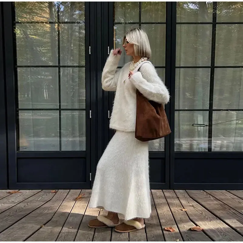Women’s Elegant Solid Mohair Skirt Suit - Autumn/Winter Knit O Neck Pullover Sweater 2-Piece Set