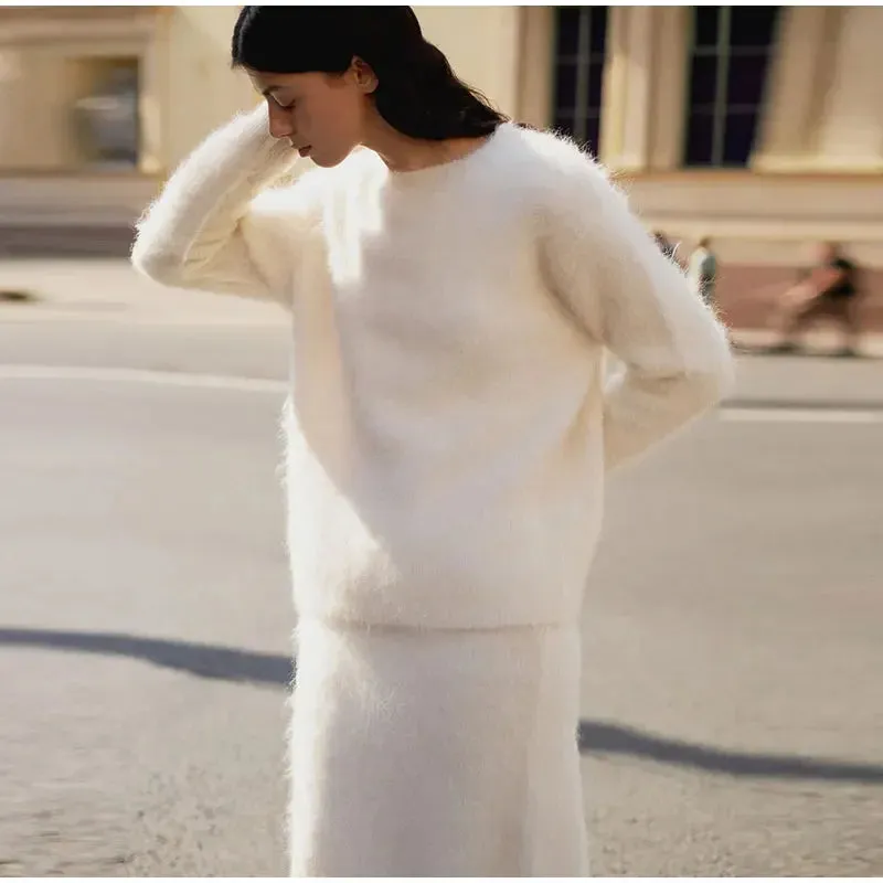 Women’s Elegant Solid Mohair Skirt Suit - Autumn/Winter Knit O Neck Pullover Sweater 2-Piece Set