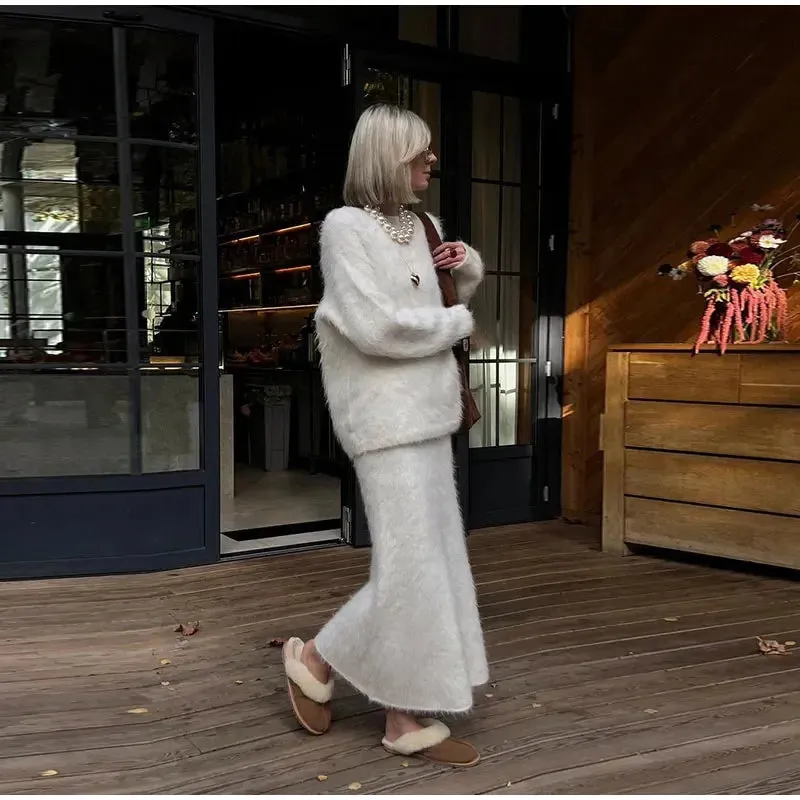 Women’s Elegant Solid Mohair Skirt Suit - Autumn/Winter Knit O Neck Pullover Sweater 2-Piece Set
