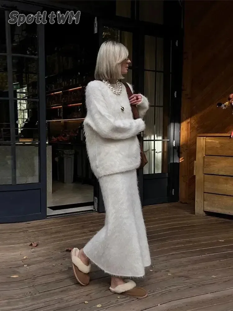 Women’s Elegant Solid Mohair Skirt Suit - Autumn/Winter Knit O Neck Pullover Sweater 2-Piece Set
